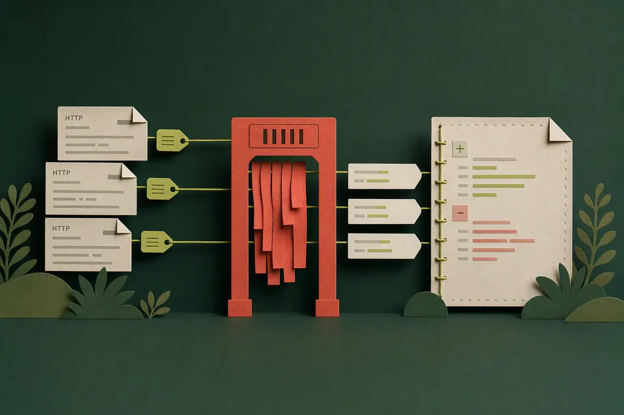 Paper-cut requests passing through a redaction gate and becoming a stitched review document